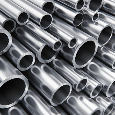 Creative abstract heavy metallurgical industry and industrial manufacturing business production concept: heap of shiny metal steel pipes with selective focus effect